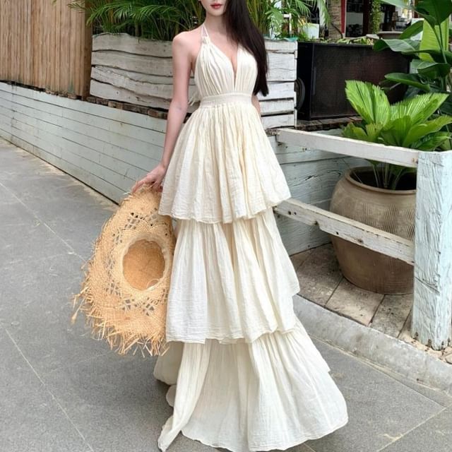 Fioridi-Halter V-Neck Plunge Plain Tiered Ruffle Open Back Maxi A-Line Dress