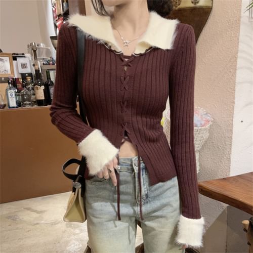 Long-Sleeve Contrast Collar Lace-Up Ribbed Slit Knit Top