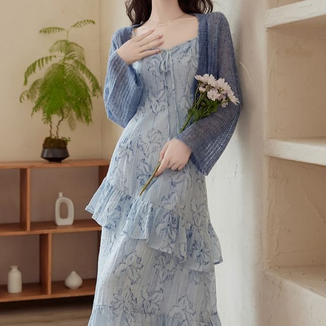 blue floral midi dress with cardigan Blue Floral Square Neck Midi Dress, Small main image 0