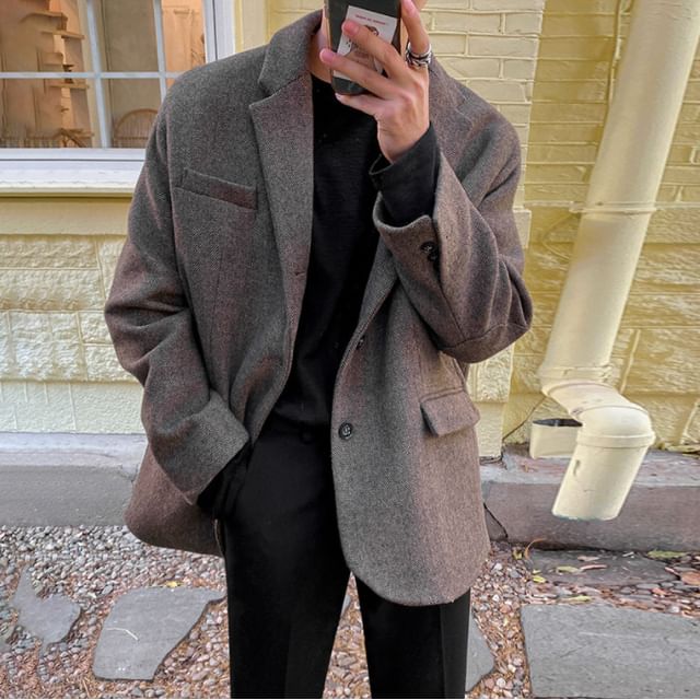 Omozando-Notch Lapel Plain Single Breasted Blazer