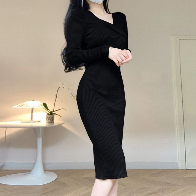 Long-Sleeve Asymmetrical Neck Plain Ribbed Midi Knit Dress