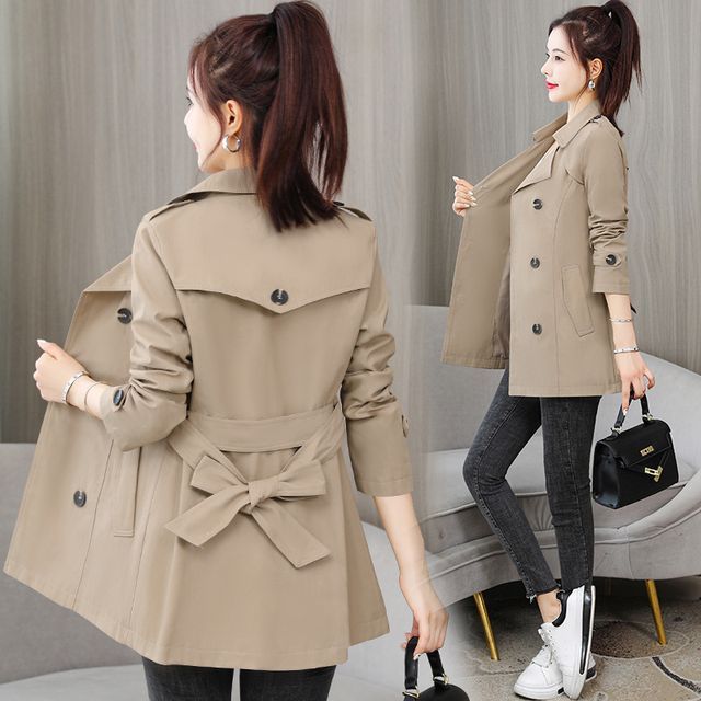 Sienne-Collared Plain Double Breasted Tie Front Trench Jacket