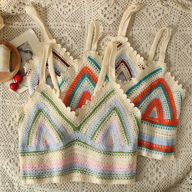Ethnic-Stripe Summer-Knit Crop Top