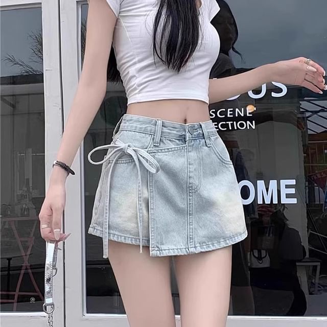 Yako-High Waist Washed Mini Denim Wrap Skort