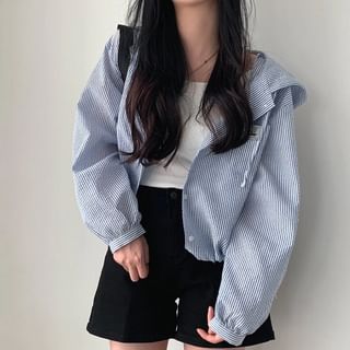Saccharine Long-Sleeve Hooded Striped Shirt Jacket Sale