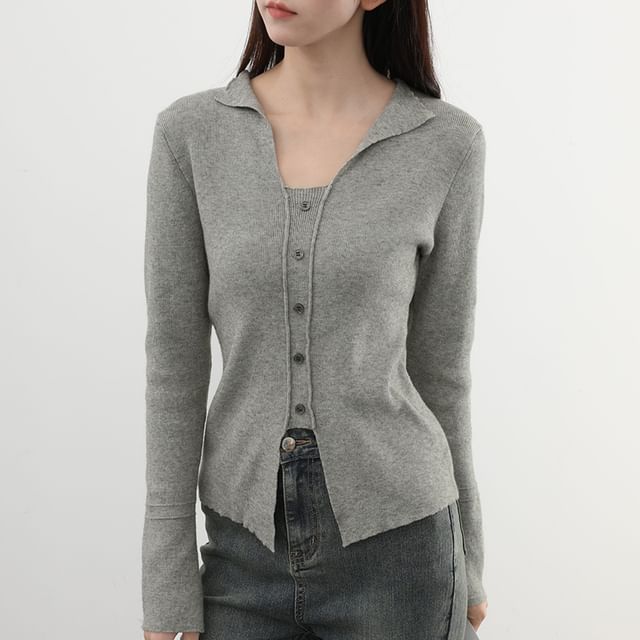 Magimomo-Long-Sleeve Collared Button-Up Plain Knit Top