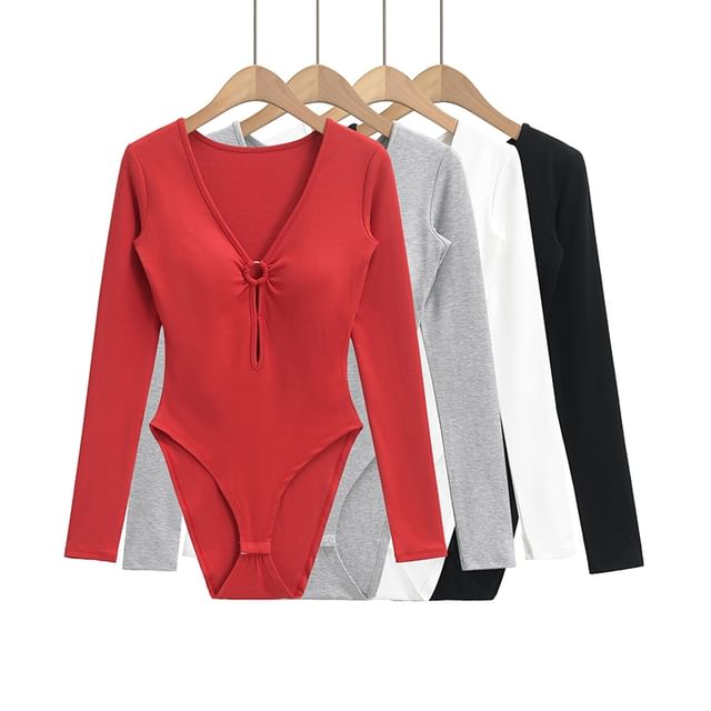 Ulark-Long Sleeve V-Neck Plain Bodysuit Top