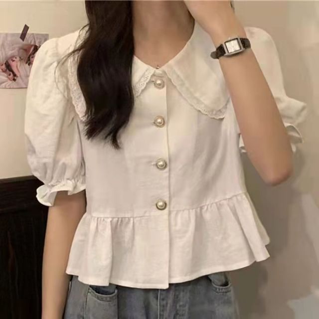 Sisyphi-Short-Sleeve Collared Plain Flowy Blouse