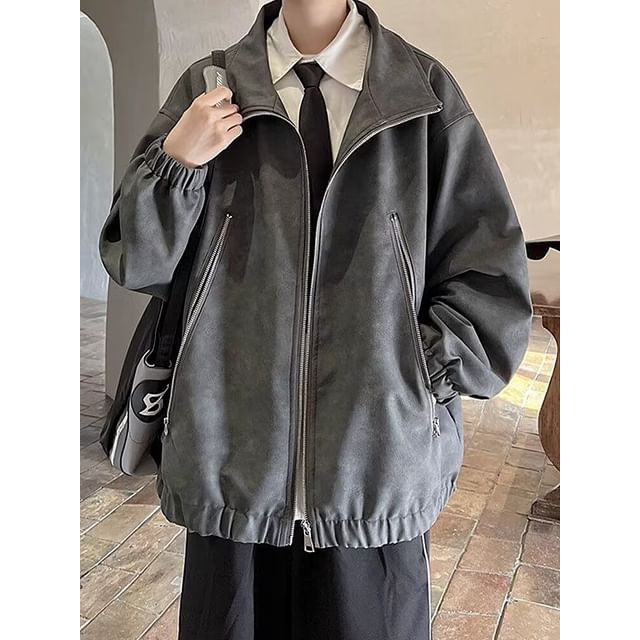 Real Boy-Stand Collar Faux Leather Plain Zip Jacket