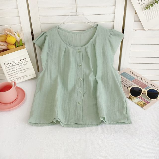 Iasia-Sleeveless Plain Shirred Button-Up Blouse