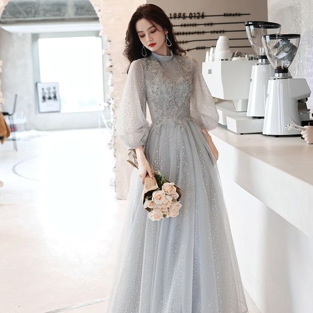 DreesHouse-Long-Sleeve Lace A-Line Evening Gown