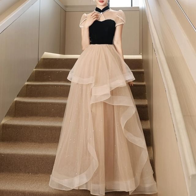 DreesHouse-Short-Sleeve Sheer Panel Maxi Evening Gown