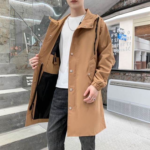 Bay Go Mall-Hooded Plain Zip Trench Coat