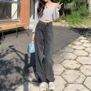 Hevnir-High Waist Washed Loose Fit Jeans