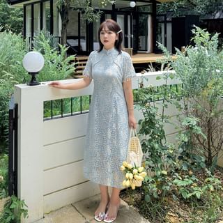 Tripoly Short-Sleeve Stand Collar Lace Midi A-Line Dress Sale