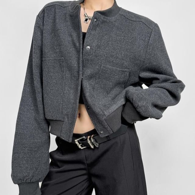 Ulark-Puff-Sleeve Plain Zip Jacket