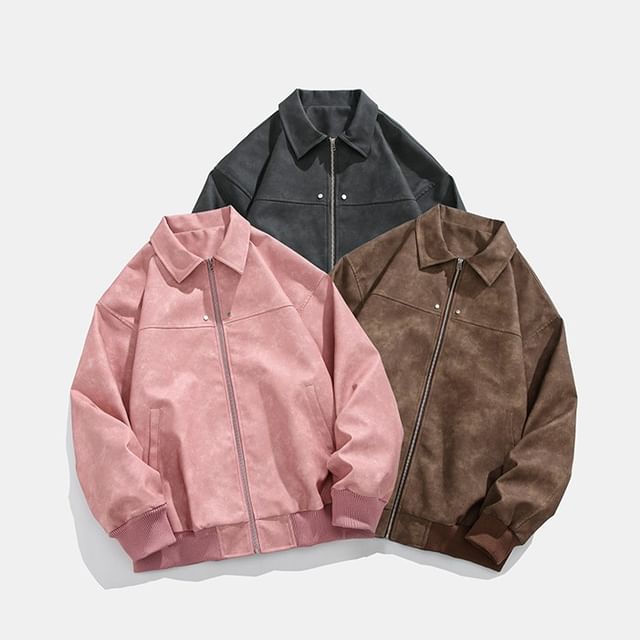 Hushgrain-Faux Leather Washed Zip Jacket