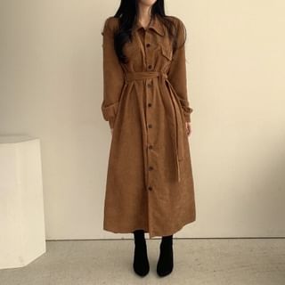 Sienne-Collared Button-Up Plain Long Trench Coat
