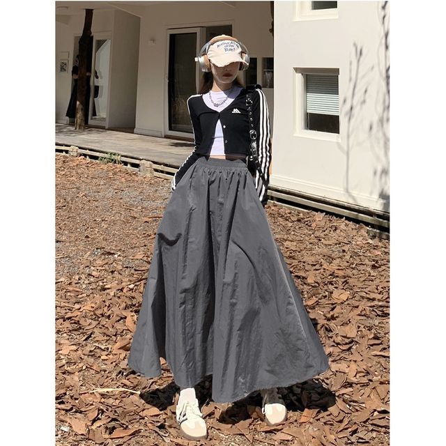 Denimot Elastic Waist Plain Midi A-Line Skirt YesStyle