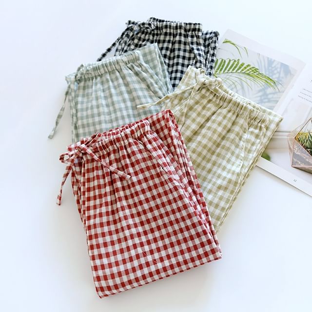 Dogini-Couple Matching Drawstring Waist Gingham Pajama Pants Various Designs