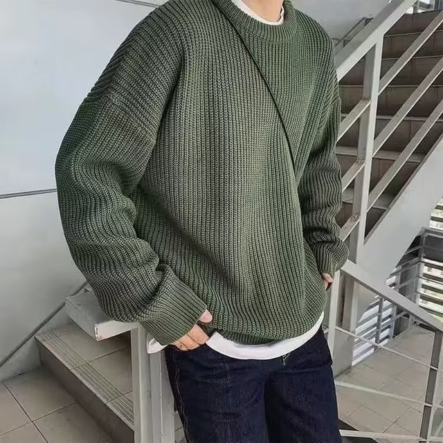 Macho-Crew Neck Plain Ribbed Knit Oversized Sweater