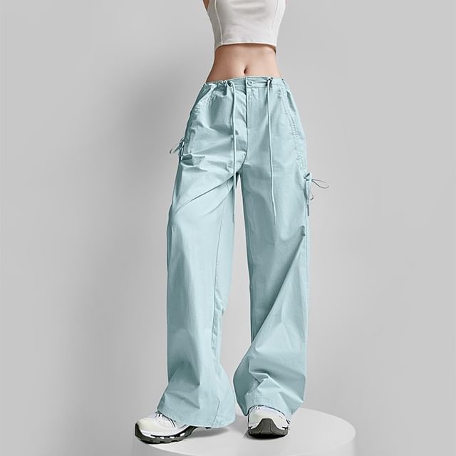 LIVIE-Drawstring Waist Plain Baggy Pants