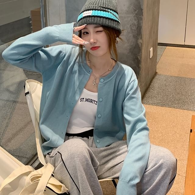 Happo-Round Neck Plain Button Cardigan