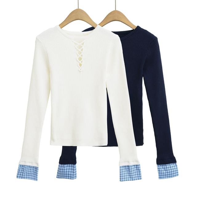Asiris-Long Sleeve Round Neck Plaid Panel Knit Top