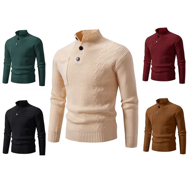 Phoneus-Long-Sleeve Mock Neck Henley Plain Knit Top