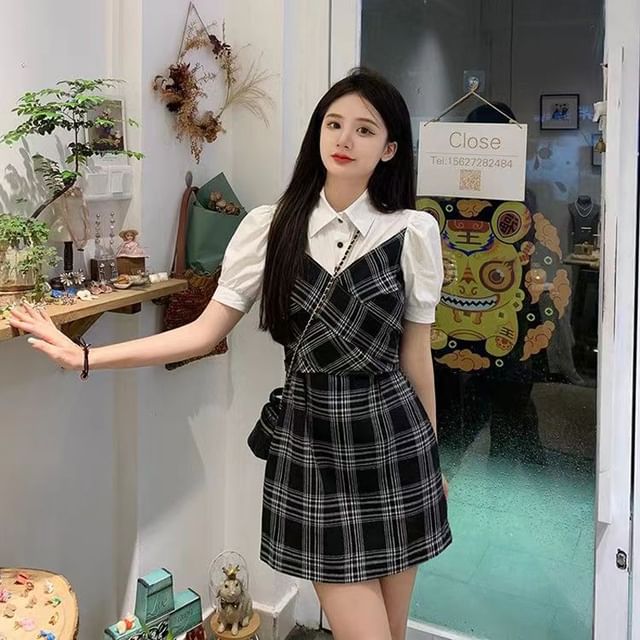 Everose-Mock Two-Piece Short-Sleeve Collar Plaid Panel Mini A-Line Dress