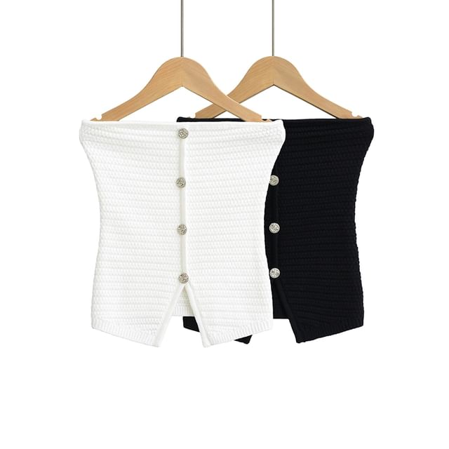 Ulark-Plain Button Accent Slit Knit Crop Tube Top