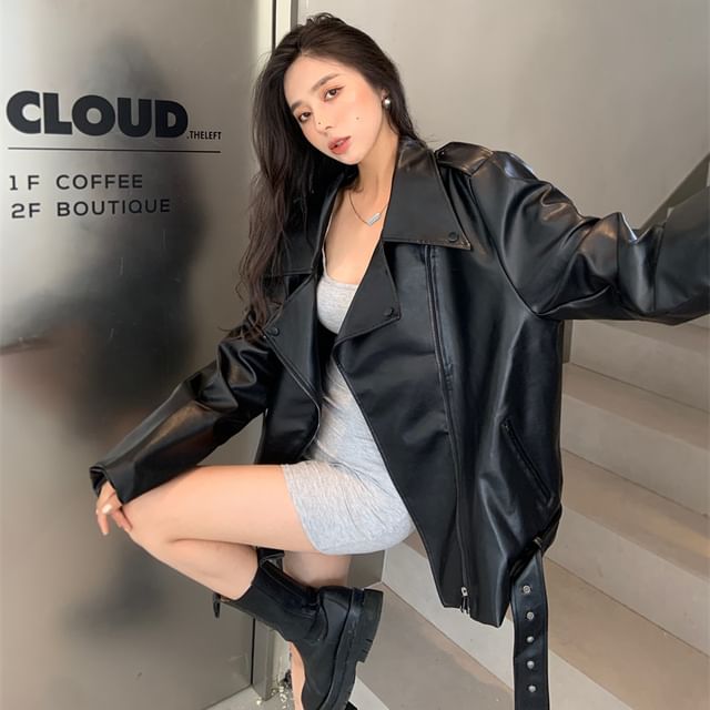 slim fit dress slacks Black Faux Leather Collared Short Sleeve Belted Jacket Dress main image 1