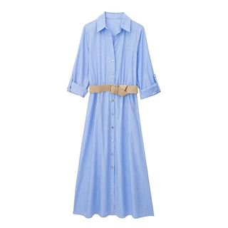 SugaYuja Set Long-Sleeve Collared Pinstriped Maxi A-Line Shirt Dress + Belt