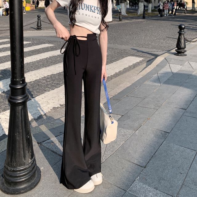 Serendipitous - High Waist Plain Cutout Tie-Waist Flared Pants