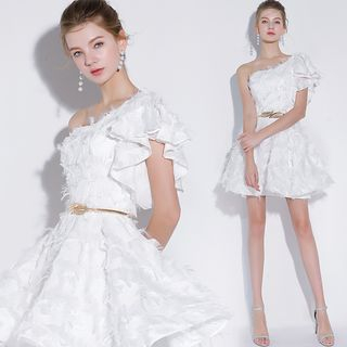 Sennyo - One-Shoulder Fringe Mini Prom Dress / A-Line Evening Gown ...