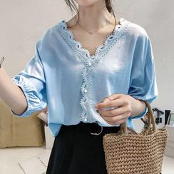 BEOL - Elbow-Sleeve Lace Trim Blouse