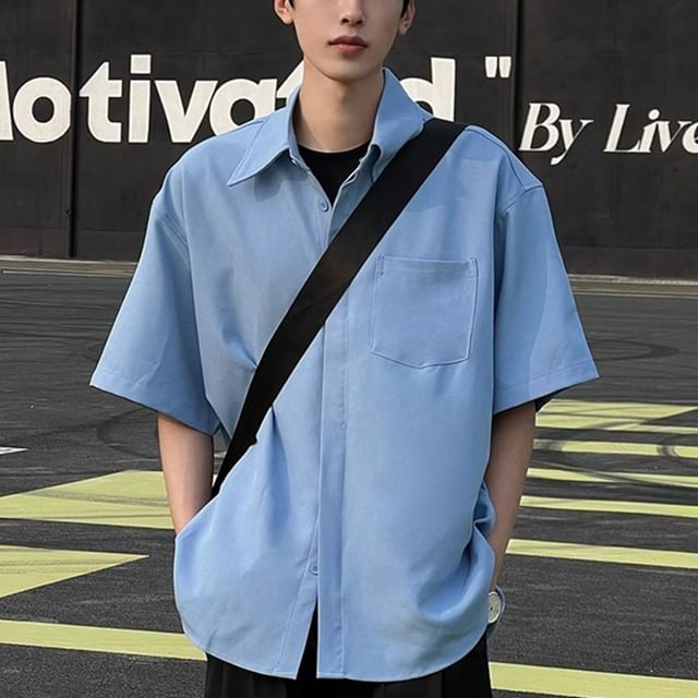 DragonRoad-Short-Sleeve Pocketed Plain Shirt