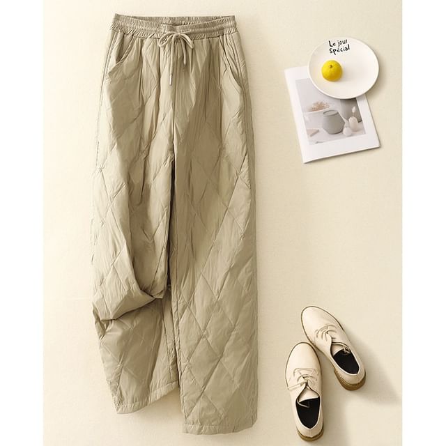 MIKIGA-Drawstring Waist Plain Quilted Straight Leg Pants