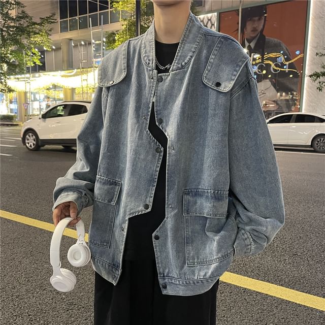Phoneus-Stand Collar Washed Button-Up Denim Cargo Jacket