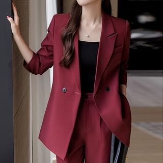 Lewwe-Set Peak Lapel Double-Breasted Plain Blazer High Waist Flared Dress Pants