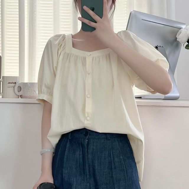 Lewwe-Puff-Sleeve Square Neck Button-Up Plain Blouse