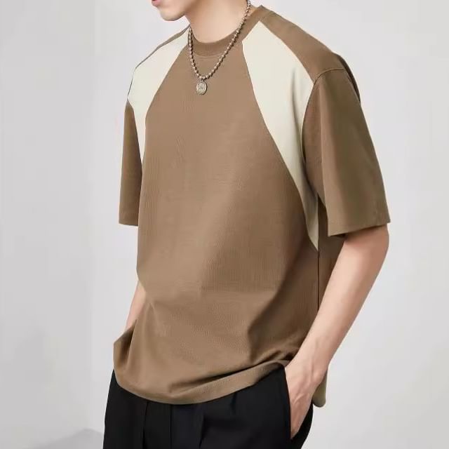 GRAYCIOUS-Elbow-Sleeve Crew Neck Two Tone T-Shirt