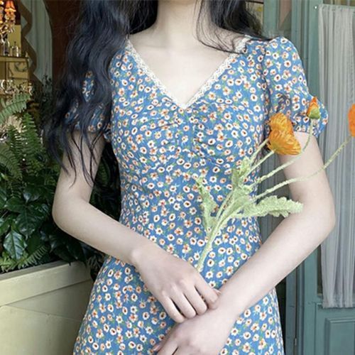 Short-Sleeve Floral Print Midi A-Line Dress