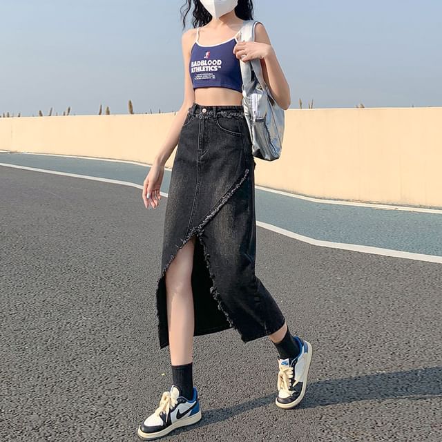Crochaletin - High Waist Asymmetrical Washed Frayed Midi