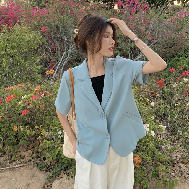 Everose-Short-Sleeve Plain Blazer