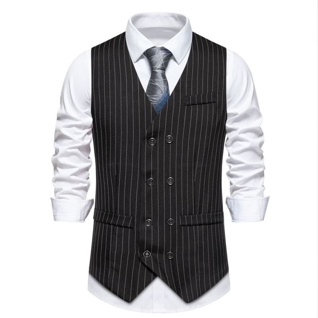 Aozora-V-Neck Striped Double Breasted Vest