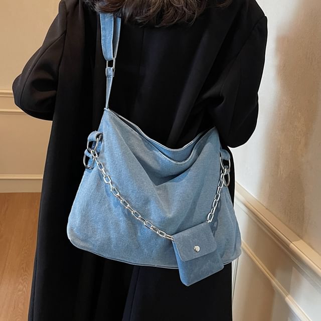 KOCORE-Set Washed Denim Tote Bag Coin Purse