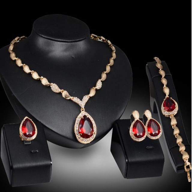Hansha-Set Gemstone Drop Necklace Dangle Earring Bracelet Ring