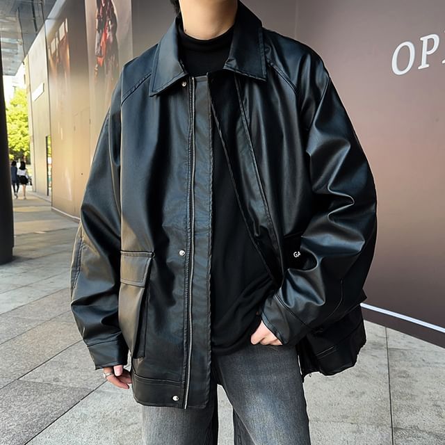 Trimecca-Collared Plain Zip-Up Faux Leather Jacket