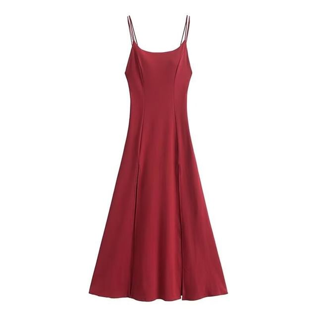 Hollahop-Spaghetti Strap Plain Split Maxi A-Line Dress